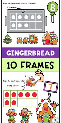 the gingerbread christmas themed worksheet is shown in purple, green and white