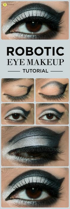 Tired of trying all the eye makeup ideas? Did you ever feel like trying a robotic makeup? Here's a robotic eye makeup tutorial with detailed ... Robotic Makeup, Robot Makeup Look, Cyberpunk Makeup Ideas, Halloween Costume Makeup Ideas, Guard Makeup, Costume Makeup Ideas, Robot Costume