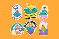 various stickers on an orange background