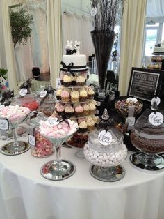 a table topped with lots of cakes and desserts