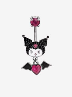 a black and white cat belly ring with pink crystals on the bottom, and a heart shaped