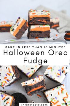 squares of fudge stacked on top of each other. 5 Minute Fudge, Halloween Oreos, Oreo Fudge, Dark Chocolate Fudge, Chocolate Garnishes, Halloween Treats For Kids, Halloween Treats Easy