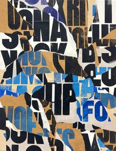 a collage of letters and numbers made up of torn newspaper strips with blue ink