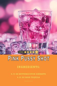 pink pussyy shot ingredients on display in front of an orange and purple background with stars