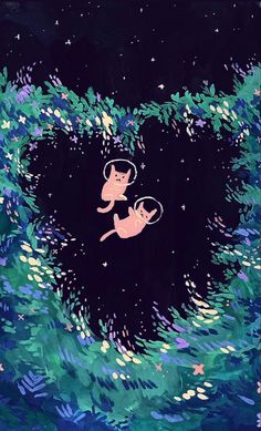 a painting of two cats in the middle of a wave with stars and leaves on it