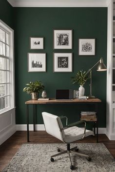 home decor interior design, interior bedroom design, designer wall paint, living room interior Emerald Green Wall Office, Home Office White And Wood, Home Office Snug, Sage Green And Black Office, Green Office Interior Design, Home Office Dark Green, Green Accent Wall Office, Green Study Room, Office Green Wall