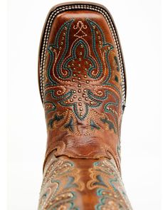 Western Glam Outfit, Blue Cowgirl Boots, Cowboy Boots Women Outfits, Cowgirl Boots Square Toed, Western Boots Outfit, Brown Western Boots, Brown Embroidery, Womens Cowgirl Boots, Vintage Cowboy Boots