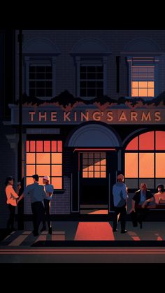 people are standing outside the king's arms in front of a building at night