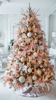 a pink christmas tree with ornaments on it