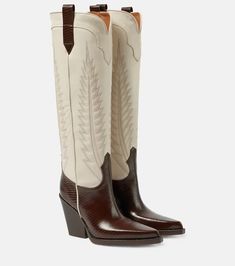 Rosario leather cowboy boots in gold - Paris Texas | Mytheresa Pointed Toe Heeled Boots With Reinforced Heel For Ranch, Brown Pointed Toe Heeled Boots For Rodeo, Western Leather Knee-high Boots With Pointed Toe, Leather Heeled Boots With Pointed Toe For Rodeo, Brown Leather Knee-high Boots For Rodeo, Western Calf Leather Heeled Boots With Pointed Toe, Texas Cowboy Boots, Mountain Chic, Boots Chanel