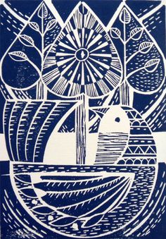 a blue and white print with an image of a boat in the water