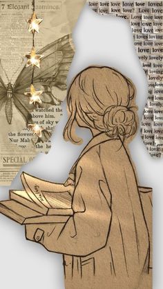 a drawing of a girl reading in front of a butterfly and newspaper collages