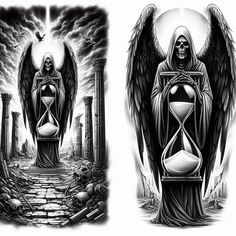 two drawings of an angel with hourglasses and skulls on their arms, one in black and white