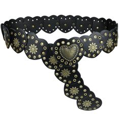 a black belt with gold hearts and flowers on the front, along with holes in the back