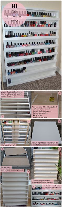 Need to make one of these for all my nail polishes I have sooo many its hard to go through them all in a box. Nail Furniture Ideas, Nail Dip Organization Ideas, Diy Makeup Storage Organizers, Oil Rack, Oil Shelf