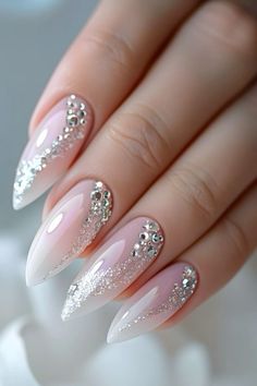 Fancy French Nails Wedding, Wedding Nails For Maid Of Honor, Pearl Wedding Nails For Bride, Almond Shape Bridal Nails, Whimsical Wedding Nails, Fantasy Wedding Nails, Almond Shape Wedding Nails, Unique Wedding Nails For Bride, Bride Nails Wedding Elegant