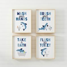 three framed bathroom signs with shark and whale sayings on them, each one has the word wash your teeth