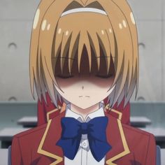 an anime character with blonde hair wearing a red jacket and blue bow tie, standing in front of desks