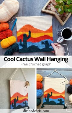 the crochet cactus wall hanging is made with yarn