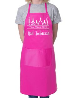 a woman wearing an apron that says your name here, nail technician on the front