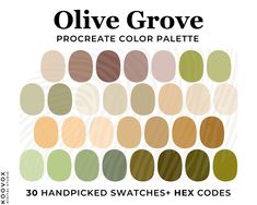 the olive grove color palette is shown in shades of brown, green and beiges