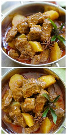 two pictures of meat and potatoes in a stew