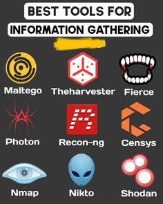 🕵️Best Tools for Investigating Gathering

🔹Maltego
🔹TheHarvester
🔹Fierce
🔹Photon
🔹Recon-ng
🔹Censys
🔹Nmap
🔹Nikto
🔹Shodan Hacking Tools Computer, Defcon Hacking, Hacker Website, Hacking Device, Hacking Lab, Hacking Apps For Android, Spy Technology, Cybersecurity Infographic, Best Hacking Tools