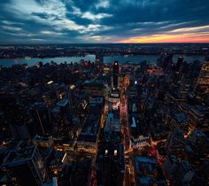 an aerial view of the city at night