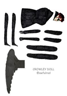 an assortment of black clothing and accessories including wings, headbands, gloves and more