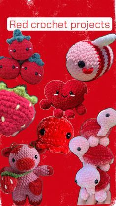 red crochet projects with different types of stuffed animals and hearts on the cover