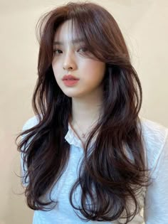 The sides of a haircut known as a wolf cut are shorter and thinner, and the bangs are shaggy and sloppy. It highlights the rugged roughness and face-framing layers. Korean Hair 2023, Long Layers Korean Haircut, Layer Haircut Korean, Wolfcut Long Hair Curtain Bangs, Korean Haircuts For Long Hair, Korean Haircut Curtain Bangs, Curtain Bangs Korean Hair, Korean Woman Haircut, Curtain Haircut Women