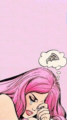 a woman with pink hair laying on top of a bed next to a slice of pizza