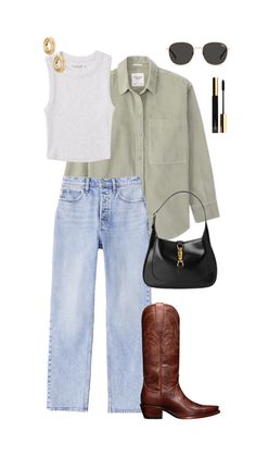 Acl 2024 Outfits, Outfits With Brown Cowboy Boots For Women, Beer Garden Outfit Summer, Simple Outfits With Cowgirl Boots, Western Boots Jeans Outfit, Cowgirl Boots Outfit Jeans Casual, Cowgirl Boots Outfit With Jeans, Cowboy Boot Jeans Outfit, Nashville Chic Outfits