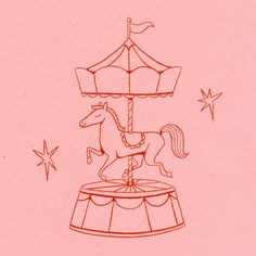 a drawing of a carousel with a horse on it's top and stars in the background