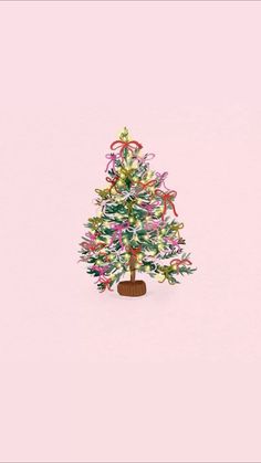 a small christmas tree with ribbons and bows on it's head, against a pink background