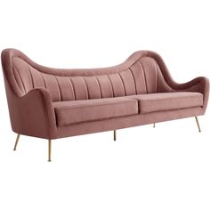 a pink velvet sofa with gold legs and an upholstered back, on a white background