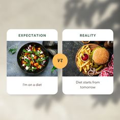 two cards showing the differences between food and reality