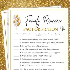 a printable family reunion fact sheet with gold balloons