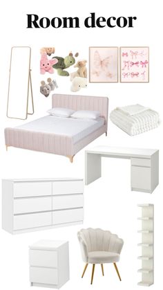 the room decor is all white and has pink accents, including a bed, dresser, mirror