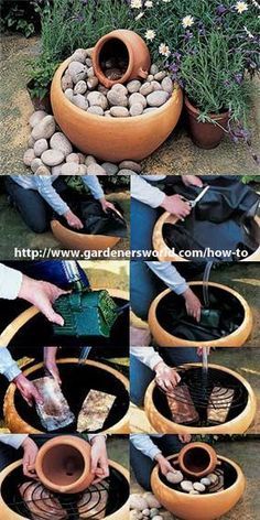 several pictures showing how to build an outdoor planter with rocks and water in it