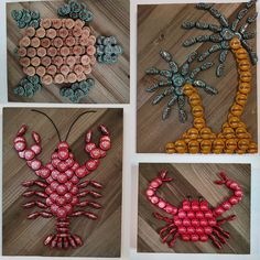 four different types of lobsters made out of bottle caps