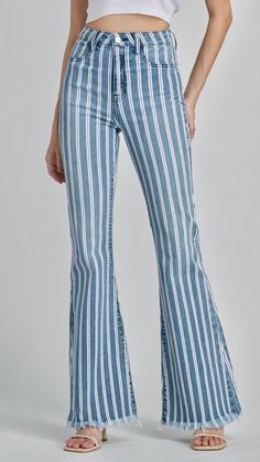 Cello Stripe High Rise Super Flare with Fray Hem-Light Wash Trendy Medium Wash Cotton Flares, Trendy High Rise Cotton Flares, High Rise Medium Wash Cotton Flares, High Rise Cotton Flares In Medium Wash, Mid-rise Medium Wash Cotton Flares, Spring Dark Wash Cotton Flares, Fitted Denim Blue Cotton Flares, Mid-rise Cotton Flares In Medium Wash, Summer High-waist Cotton Flares