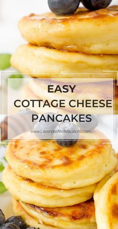 pancakes stacked on top of each other with the words easy cottage cheese pancakes above them