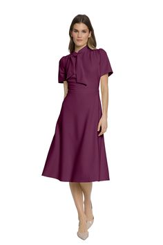 Introducing the Tabitha dress. This fit and flare design brings all of our favorite trends together as its vibrant shade complements its classic cut, tie neckline and puff sleeves. Pink Wedding Guest Dress, Pink Reception, Missy Dresses, Pink Thanksgiving, Guest Dress Wedding, Casual Work Attire, Sleeves Women, Social Dresses, Weekend Dresses