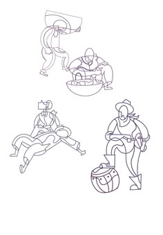 three drawings of people sitting and standing in different positions, one is holding a basketball ball