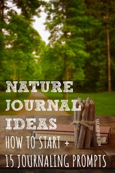 an open book sitting on top of a wooden table in the woods with text overlay that reads nature journal ideas how to start and 15 journal