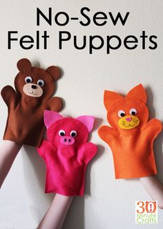 three hand puppets made to look like animals with the words no - sew felt puppets