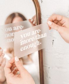 A white decal that reads "you are more than enough." placed on a mirror. Inspirational Quotes On Mirror, Glass Quotes Inspiration, Mirror Words Quotes, Mirrors With Quotes, Mirror With Affirmations, Mirror With Quote On It, Positive Affirmation Mirror, Mirror Motivation Quotes, Bathroom Mirror Quotes