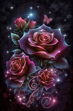 three roses with butterflies flying around them on a black background and stars in the sky