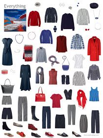 capsule wardrobe in shades of blue, grey, and shades of red Capsule Packing, Plus Size Minimalist Wardrobe, Plus Size Capsule Wardrobe, Bermuda Cruise, Cool Winter Color Palette, Minimalist Wardrobe Capsule, The Vivienne Files, Vivienne Files, Core Wardrobe